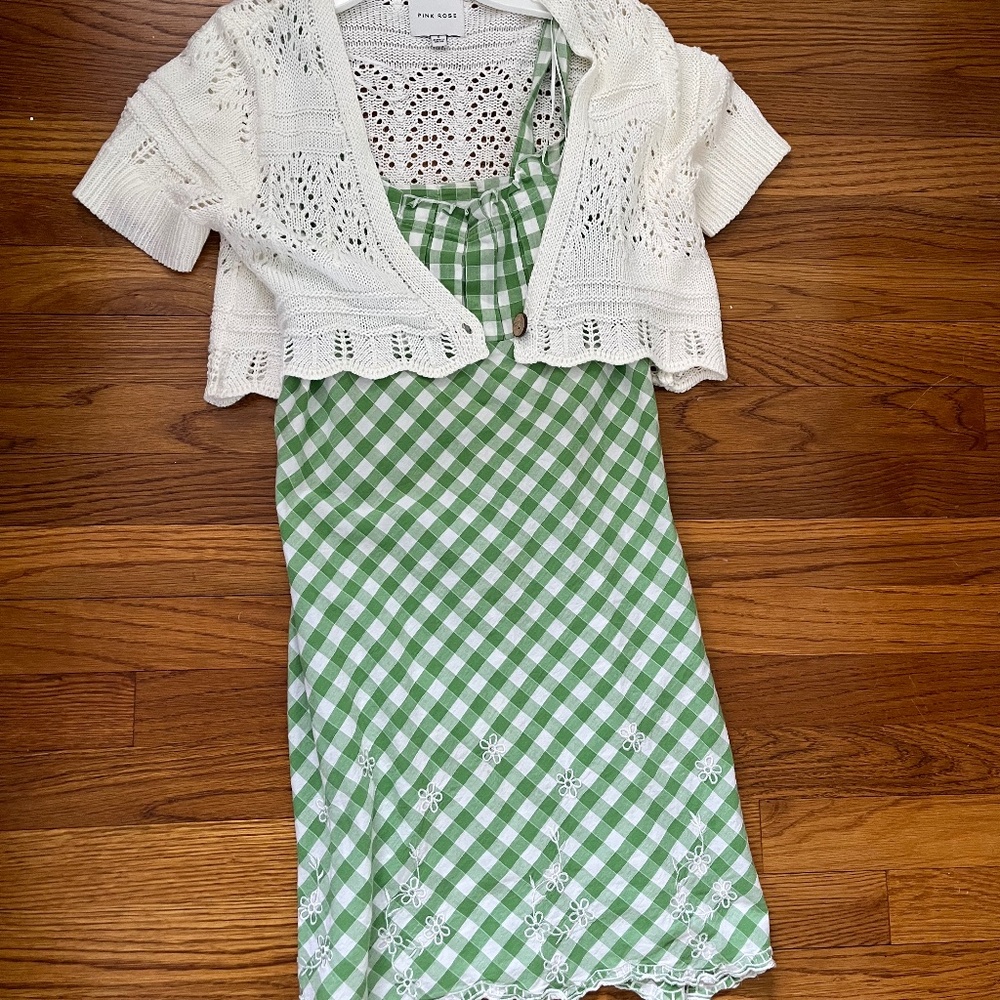 Vintage green gingham sundress with crochet shawl